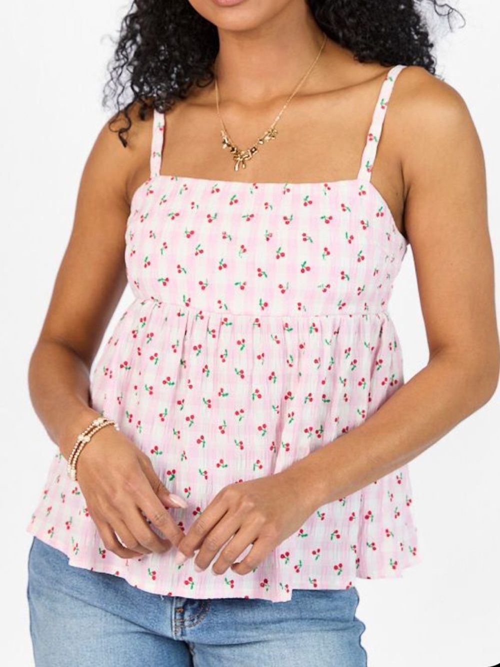 Pink Cherry Gingham Print Tank with‎ Adjustable Straps